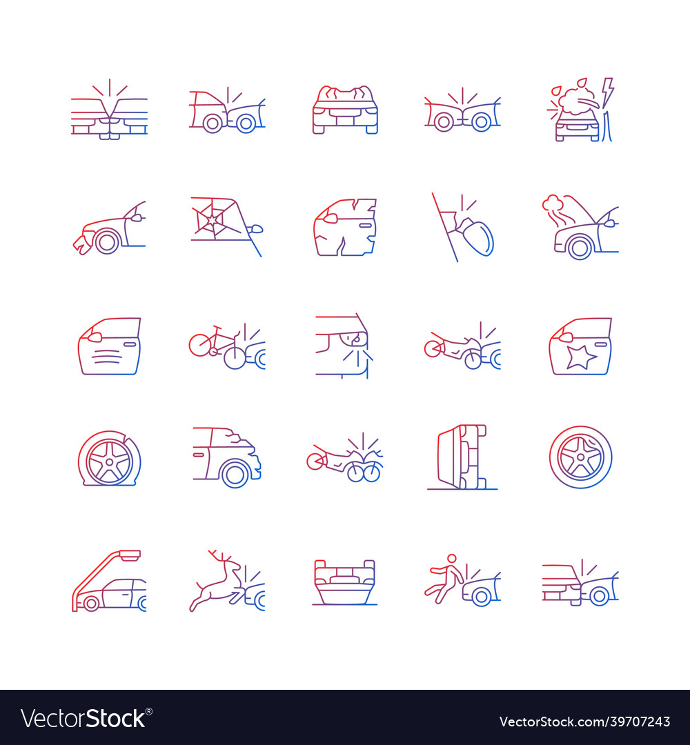 Car accident types gradient linear icons set vector image Car accident types gradient linear icons set