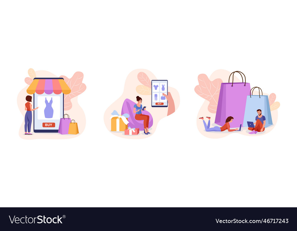 Set of colored cartoon characters doing shopping