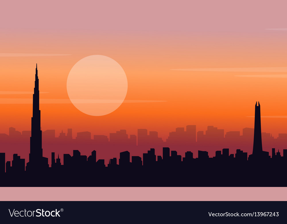 Silhouette of dubai at sunset scenery Royalty Free Vector