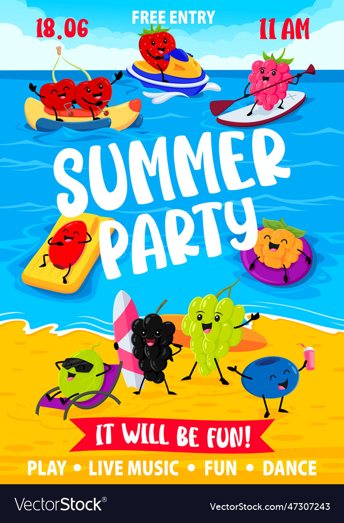 Summer party flyer with cartoon berry characters Vector Image