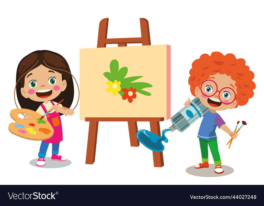 Cute painter boy and girl squeezing oil paint Vector Image