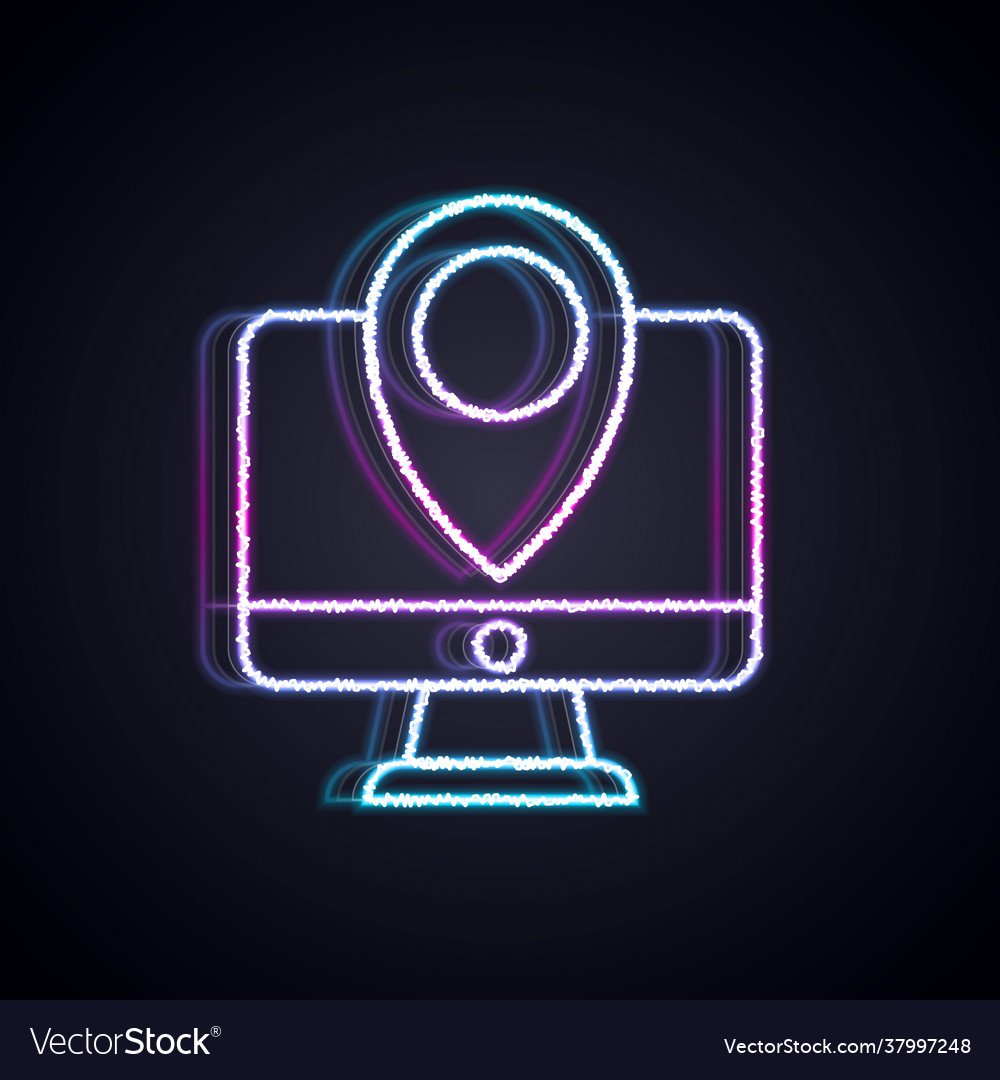 Glowing neon line computer monitor and folded map vector image Glowing neon line computer monitor and folded map