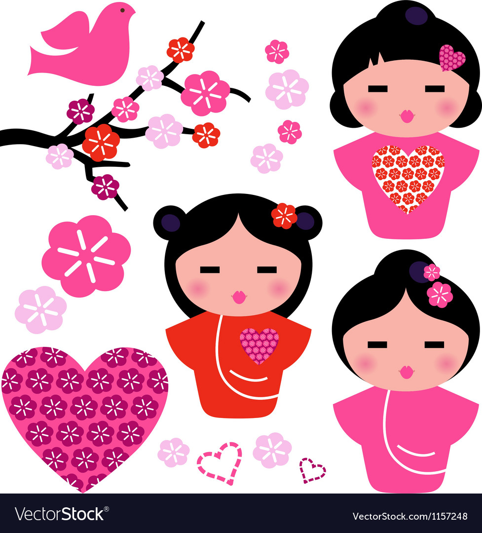 Japan love geisha and floral elements set vector image on VectorStock.