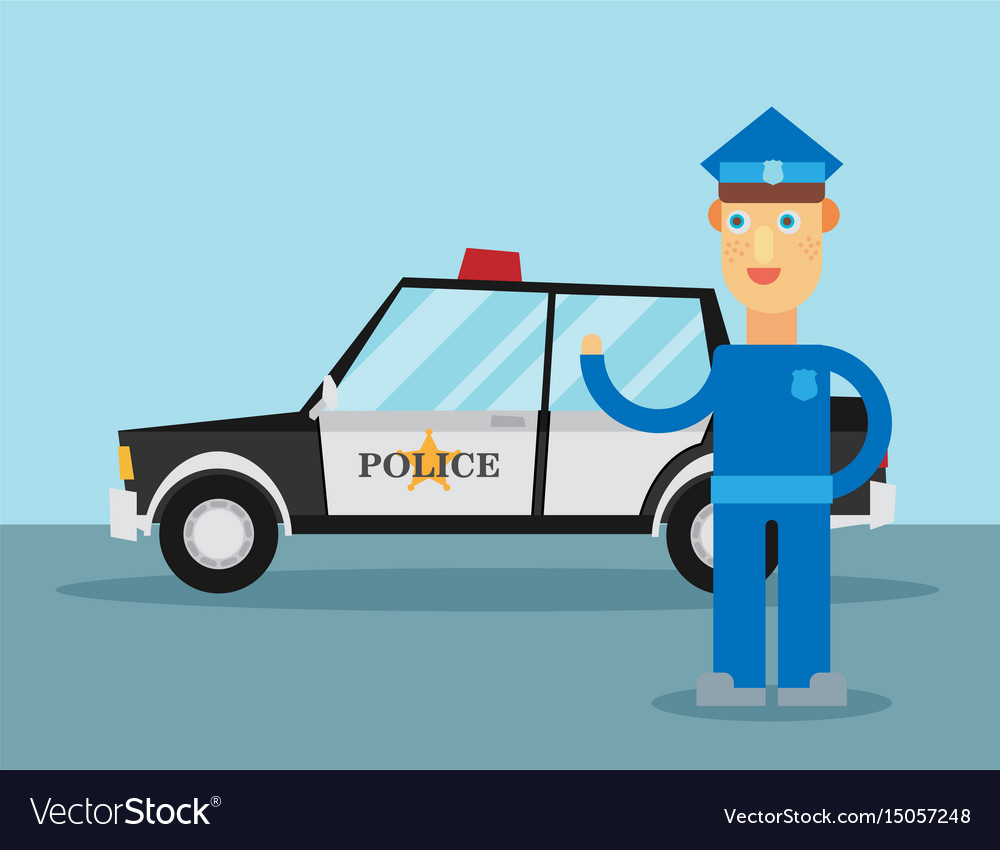 Police officer stands in front of car Royalty Free Vector