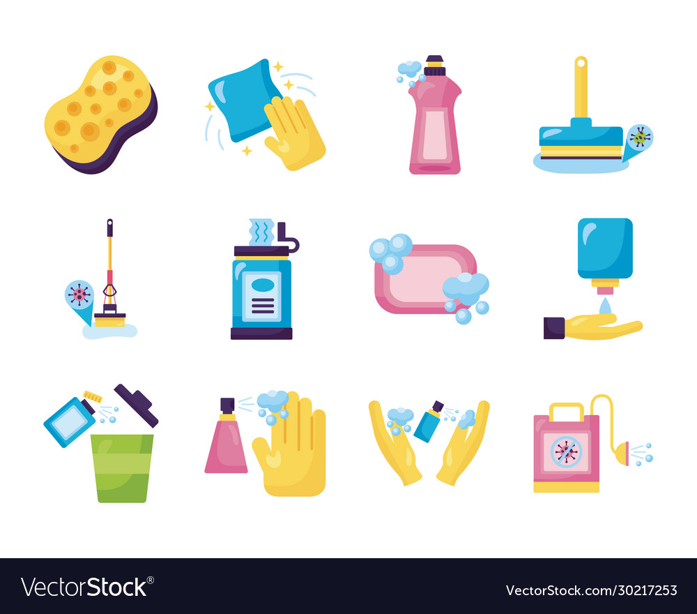 Bundle desinfectants set icons Royalty Free Vector Image