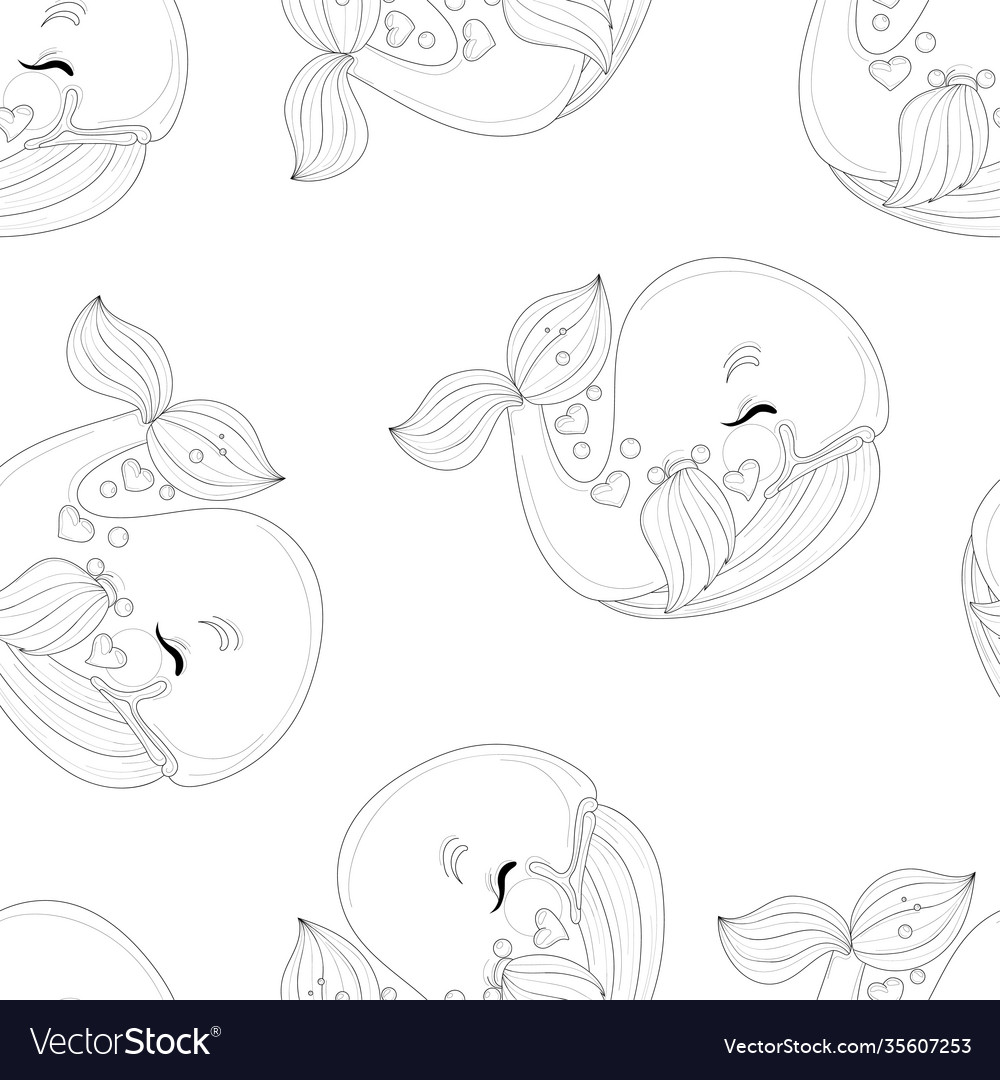 Cartoon whale with heart bubbles seamless pattern