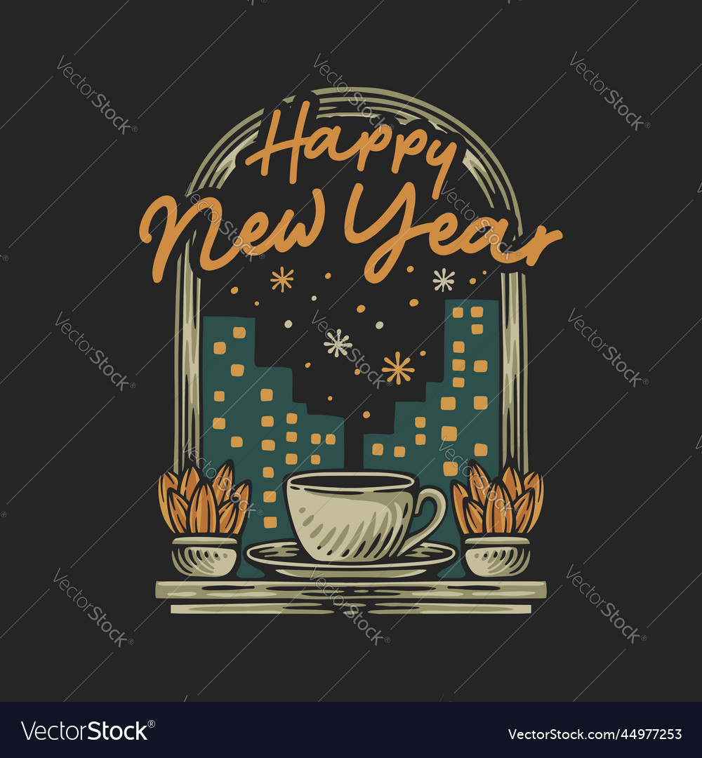 Coffee set in the window with cactus and new vector image Coffee set in the window with cactus and new