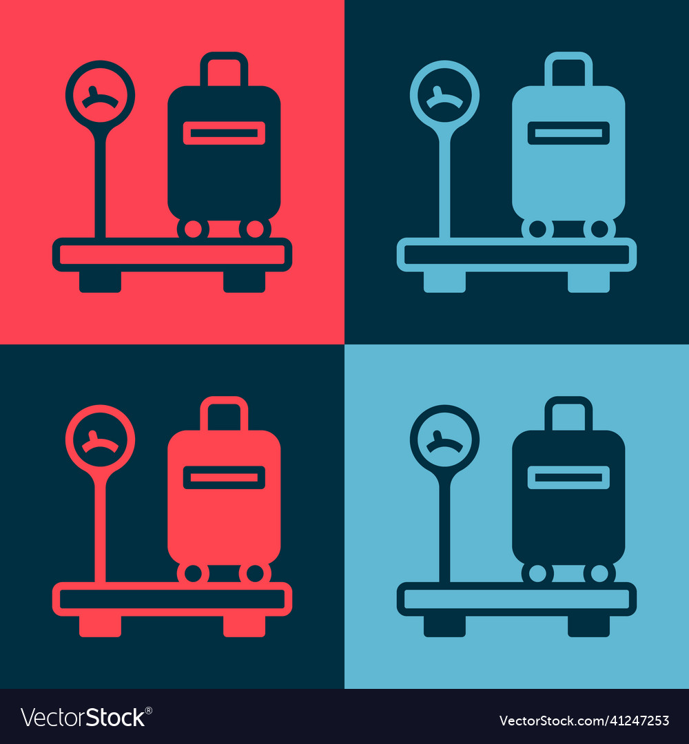 Pop art scale with suitcase icon isolated on color
