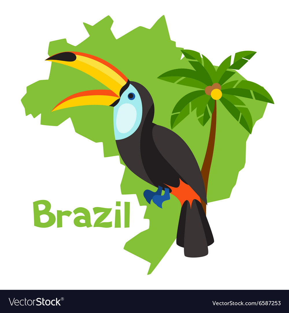 Stylized map of brazil with toucan and palm tree