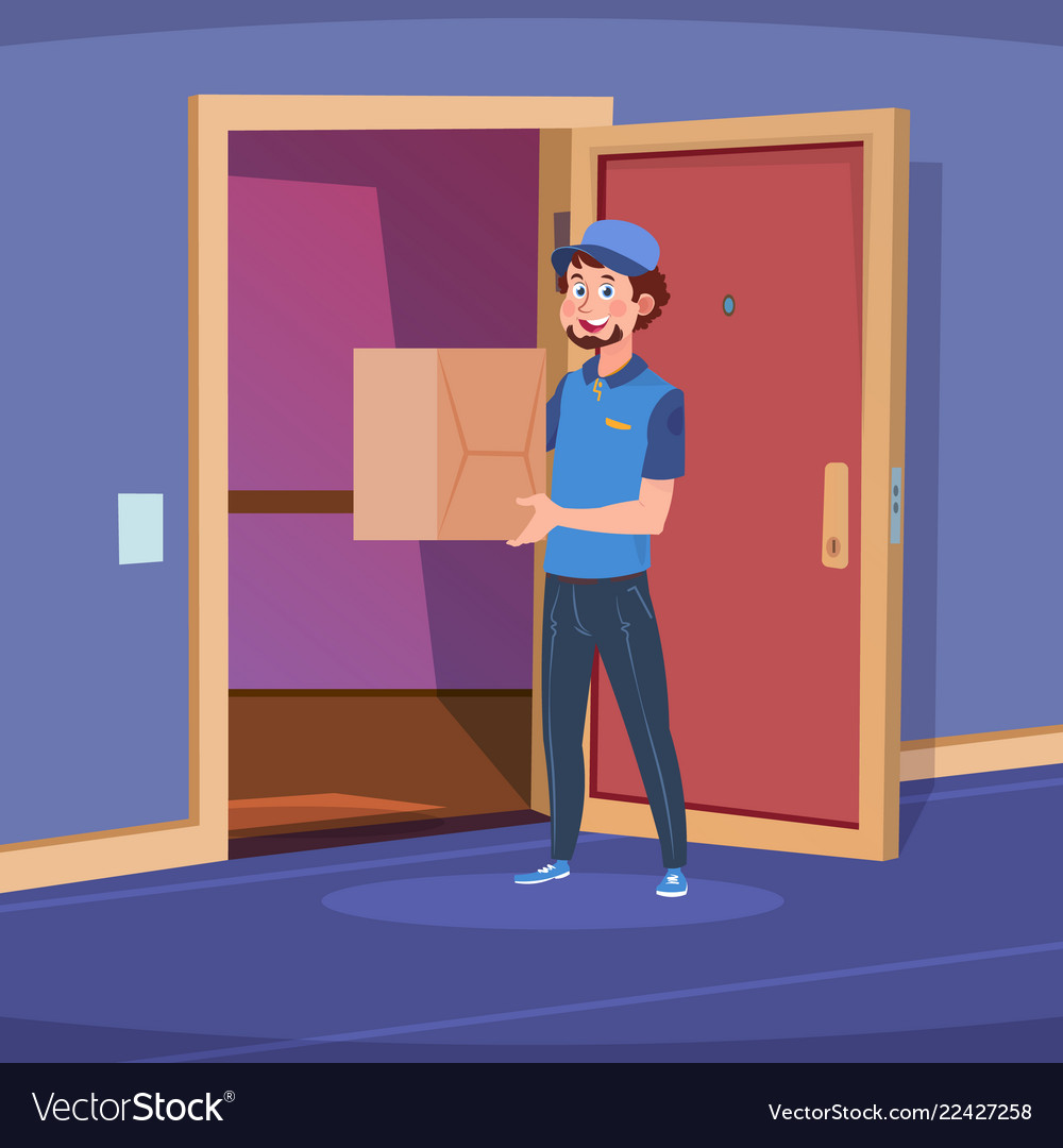 Delivery guy in home door boy deliver handing box Vector Image
