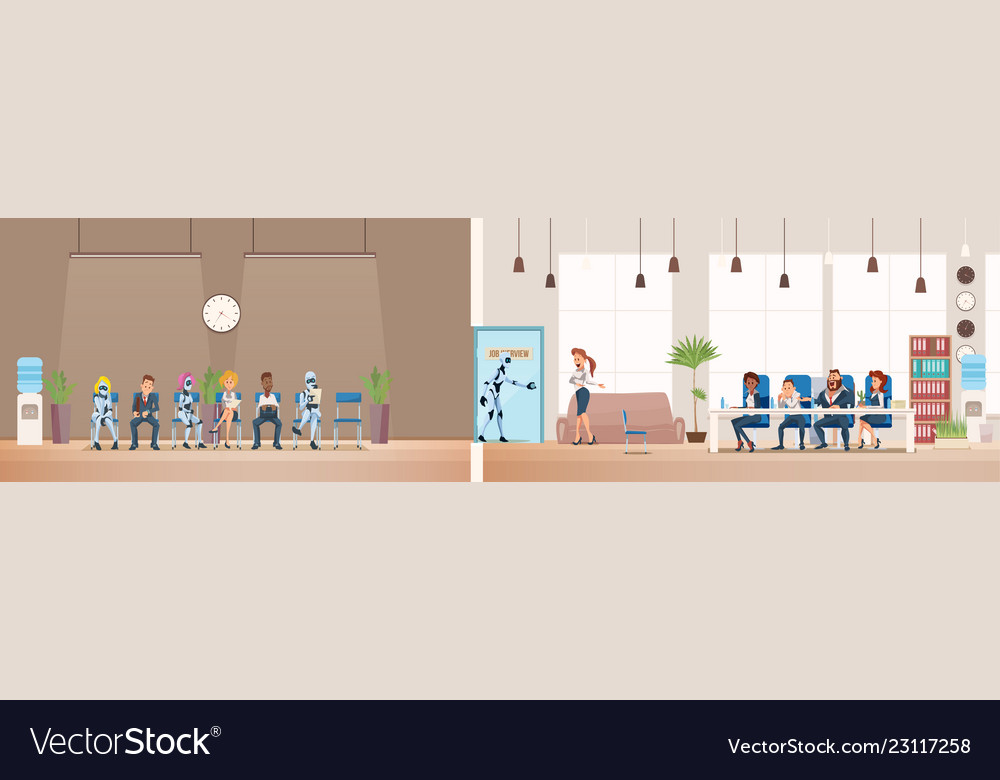 Job interview recruiting and robots vector image Job interview recruiting and robots
