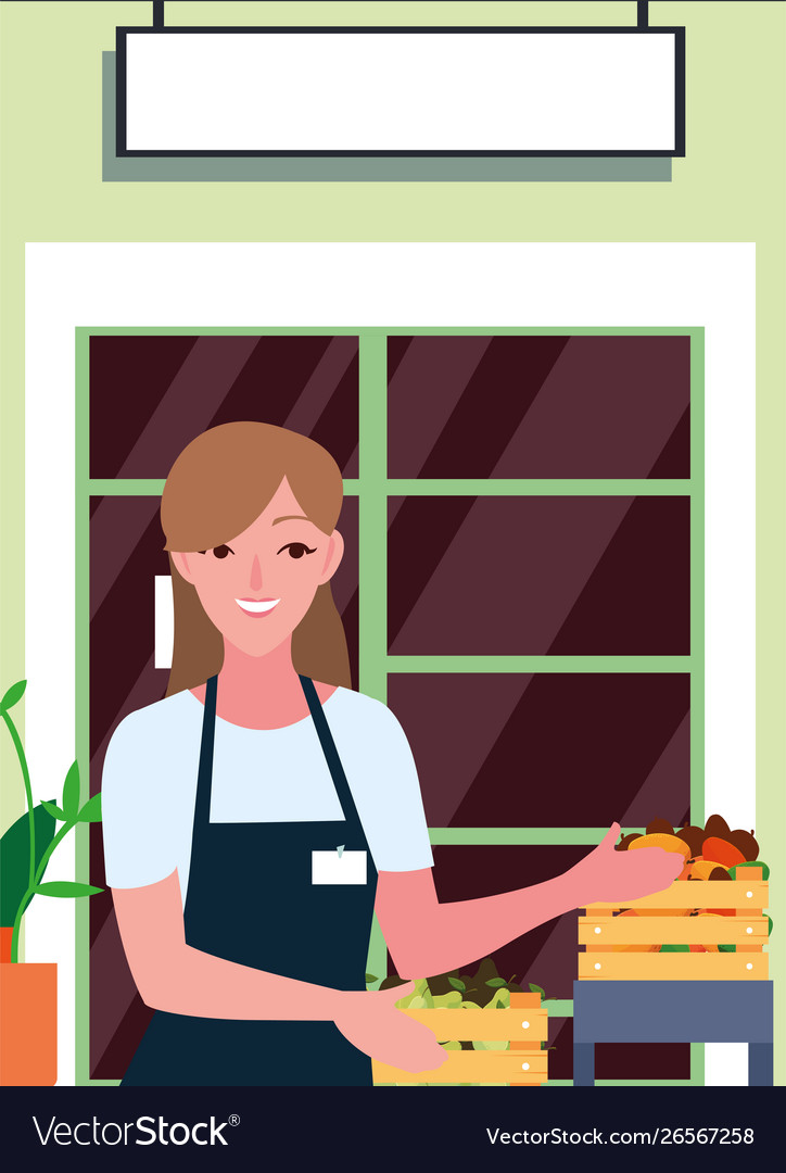 Seller woman farm products shop front Royalty Free Vector