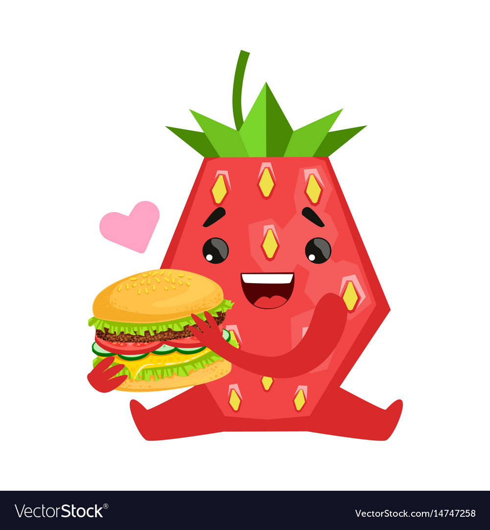 Smiling strawberry sitting and holding burger