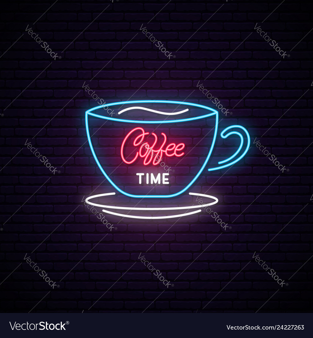 Coffee time neon sign light cup on brick