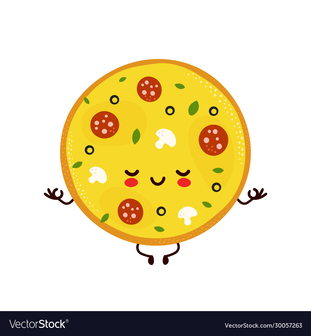 Cute happy smiling pizza meditate in yoga pose