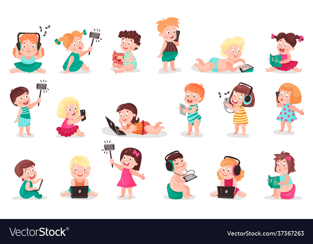 Kid toddler using mobile gadget and device vector image Kid toddler using mobile gadget and device