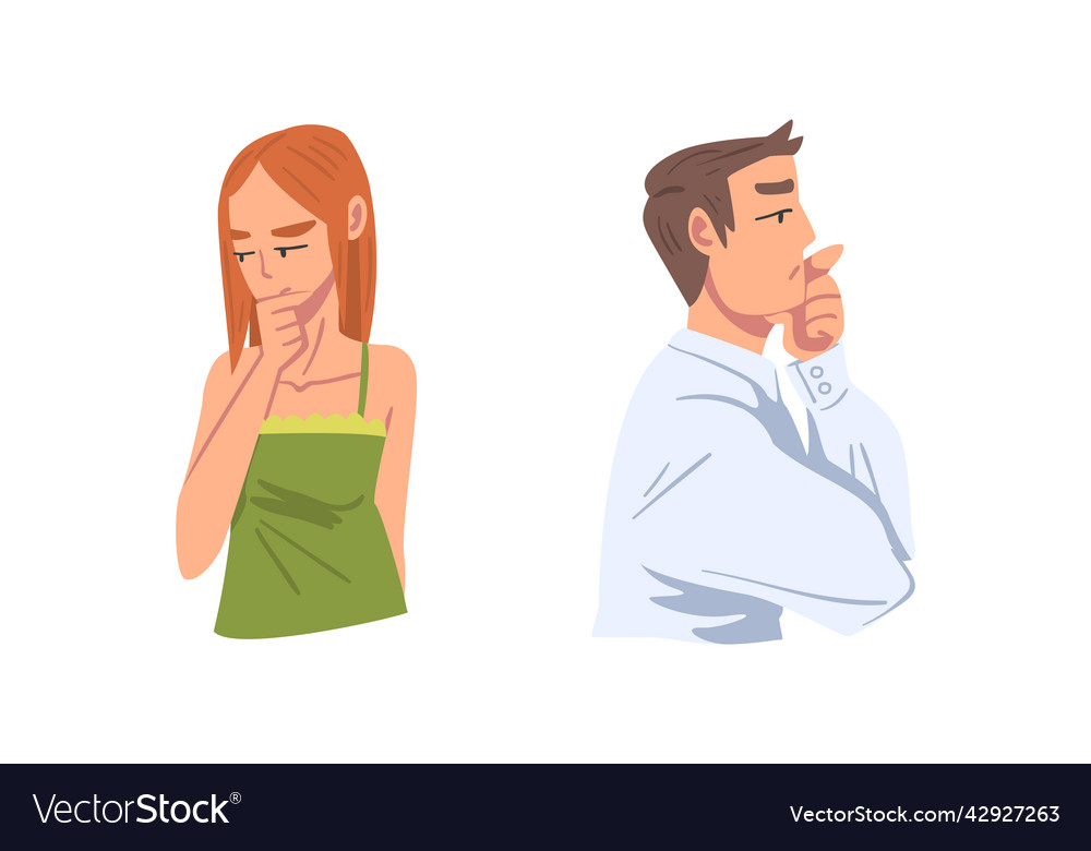 Thoughtful man and woman character scratching head