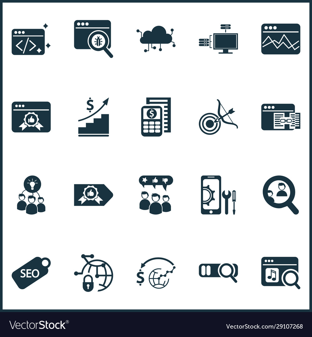 Analytics icons set with search engine page rank vector image Analytics icons set with search engine page rank