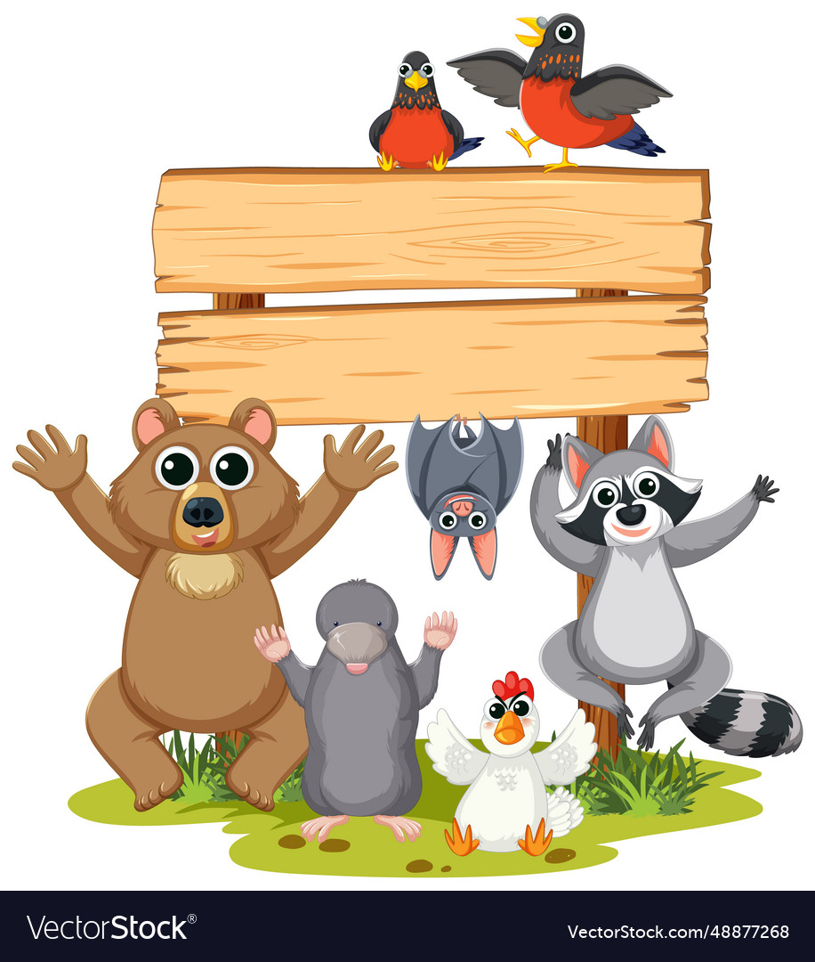 Animals standing under wooden board frame Vector Image