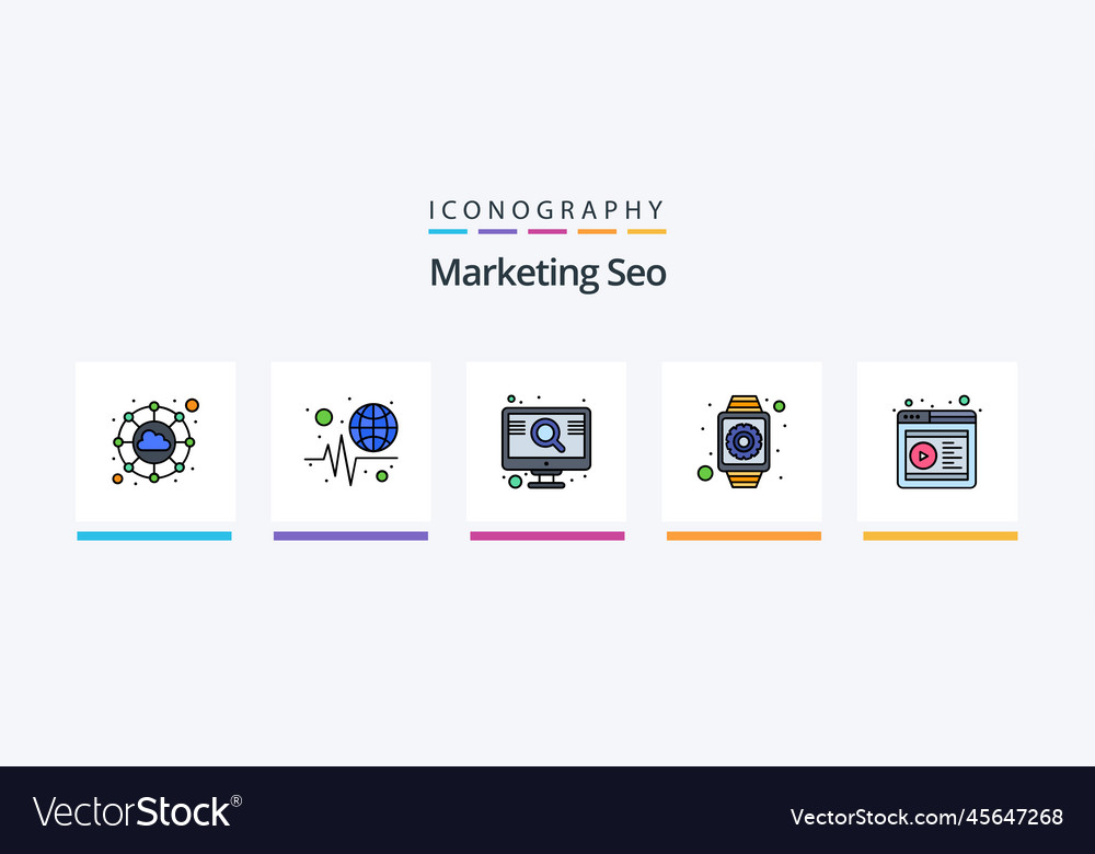 Marketing seo line filled 5 icon pack including