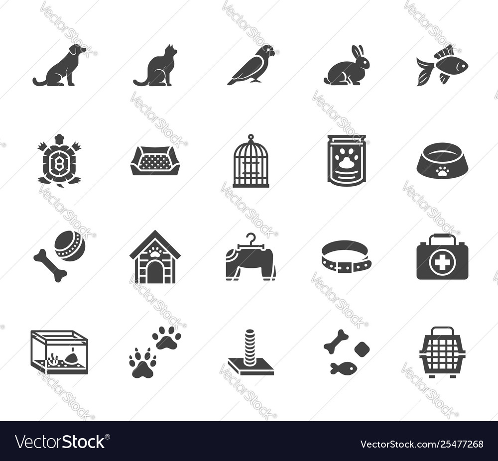 Pet shop flat glyph icons set dog carrier cat