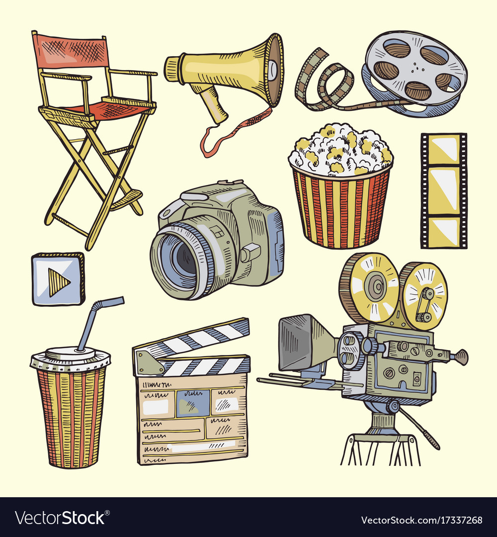Set of colored objects on the theme cinema