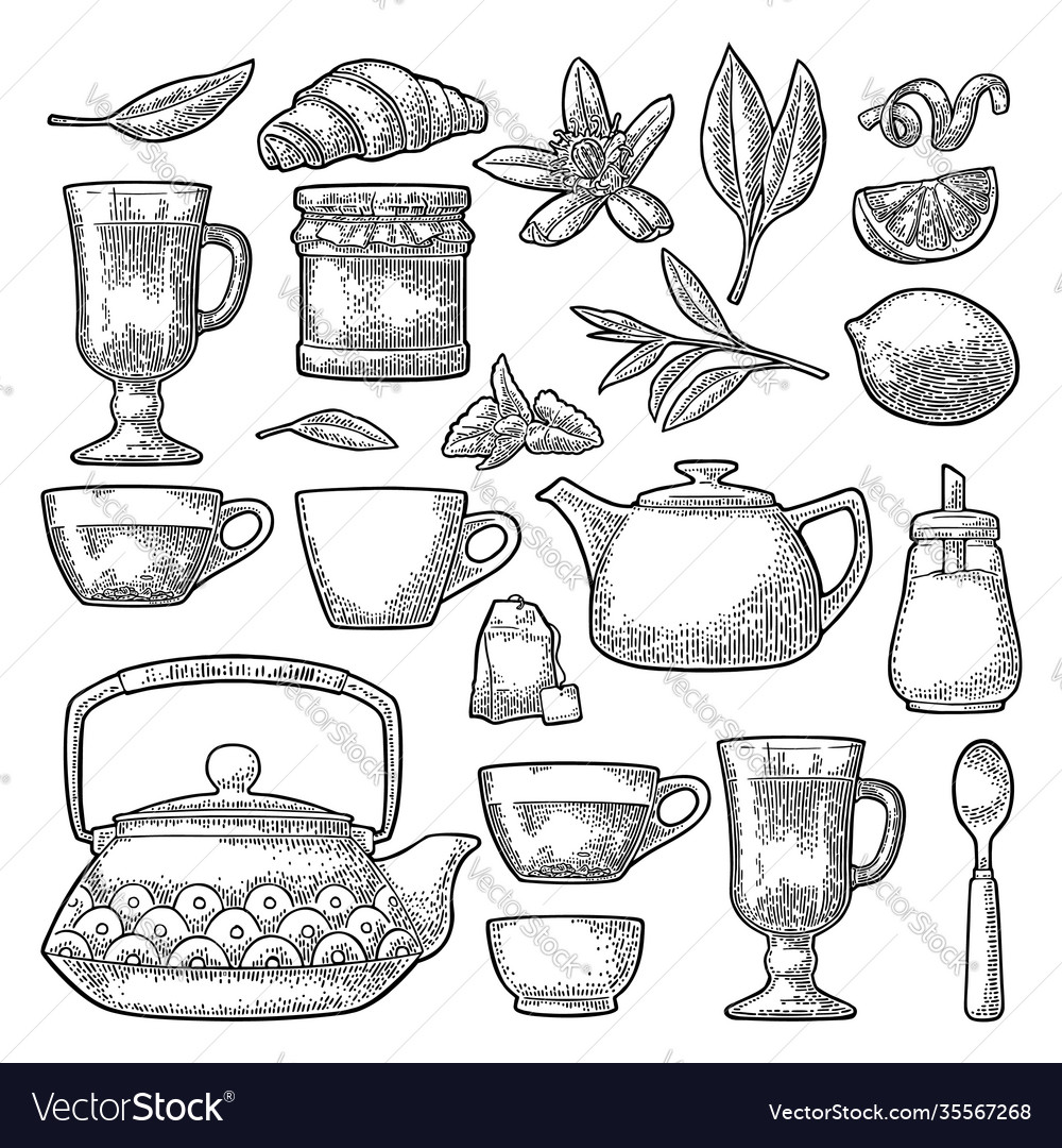 Set tea black vintage engraving isolated Vector Image