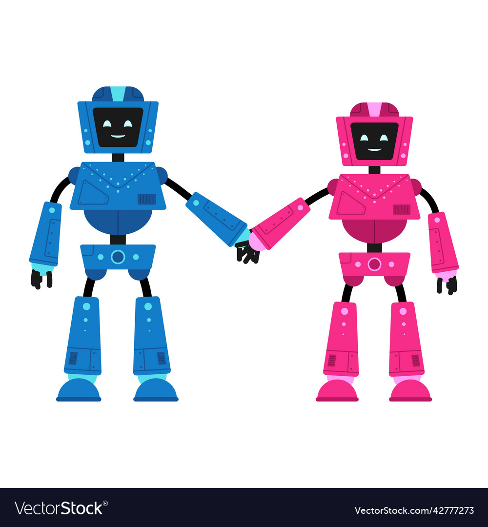 Cute cartoon robots male and female holding hands