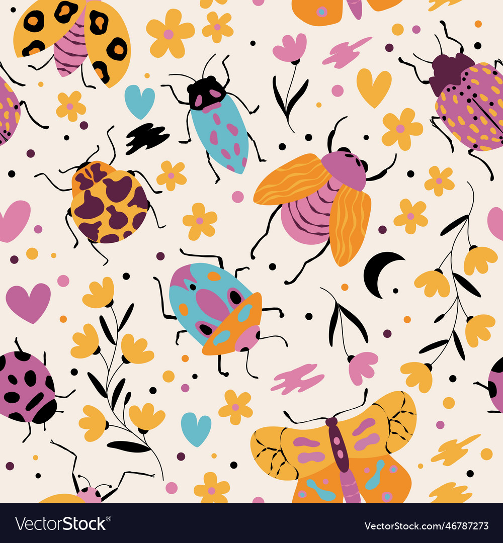 Seamless pattern with cute bugs beetles moth Vector Image