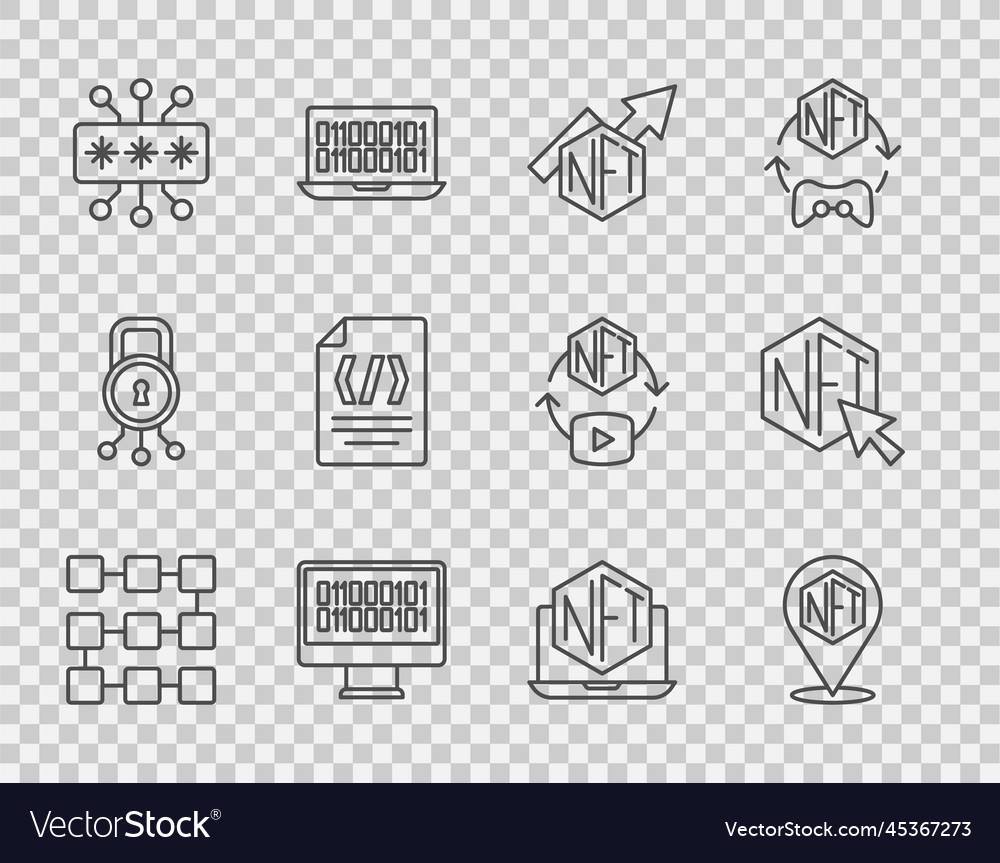 Set line nft blockchain technology digital crypto vector image Set line nft blockchain technology digital crypto
