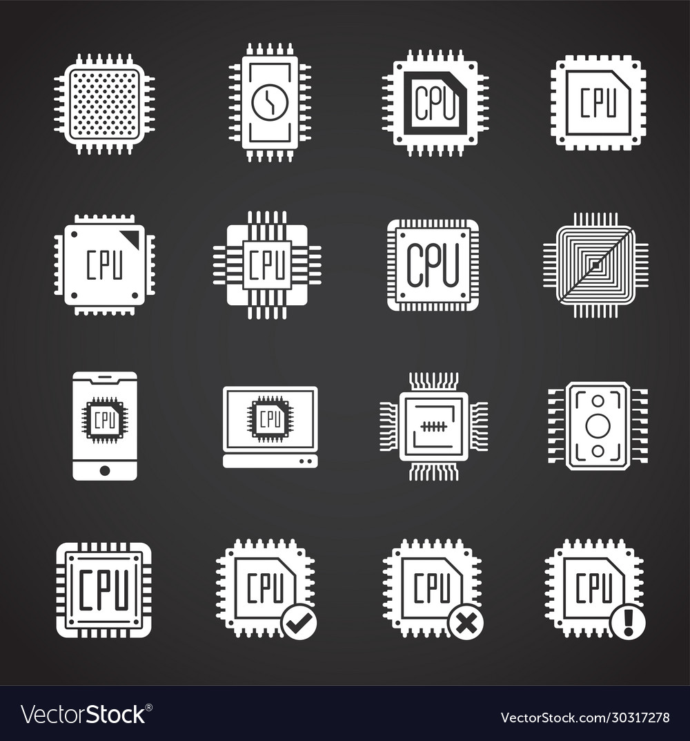 Processor chip related icons set on background vector image Processor chip related icons set on background