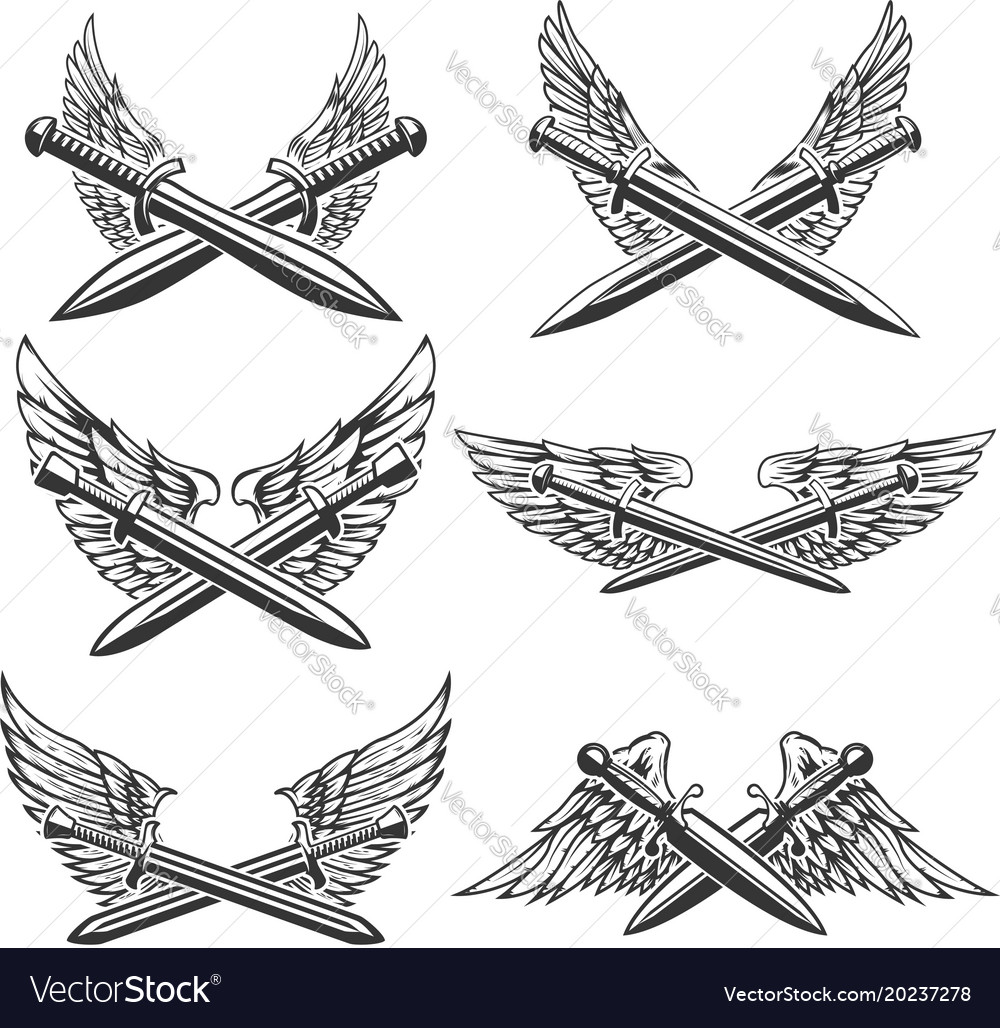 Set swords with wings design elements for logo Vector Image