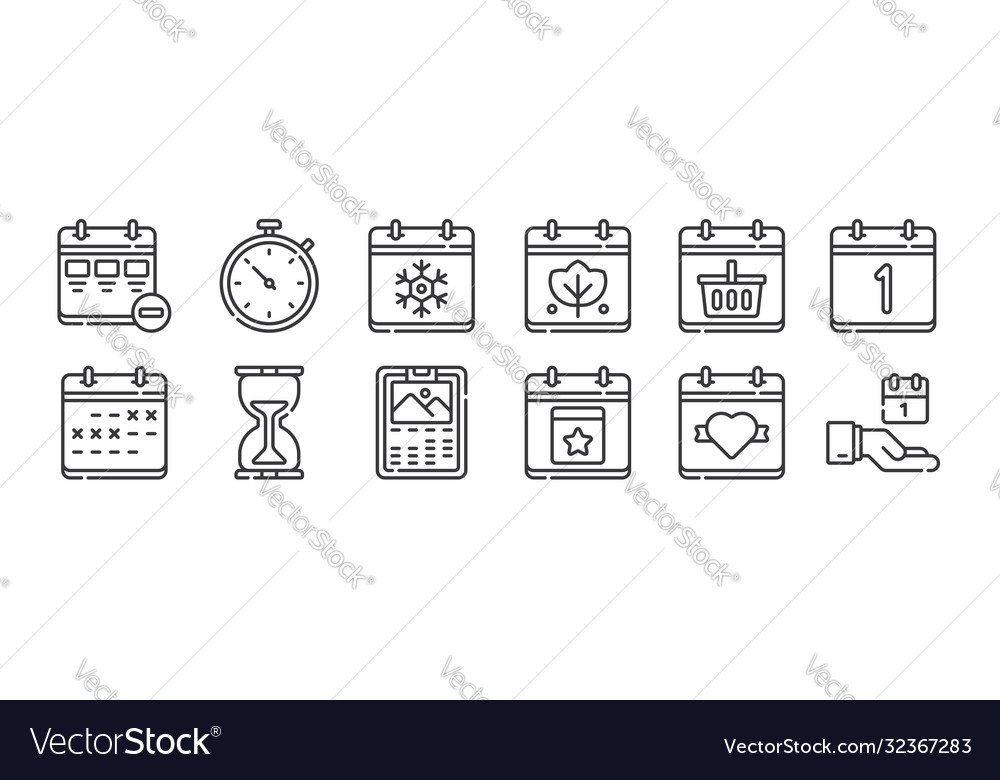 12 set linear calendar and date icons thin