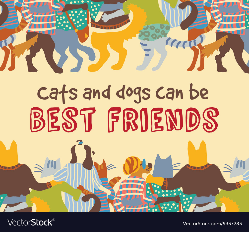 Cats And Dogs Pets Friends Hugs Frame Border Card Vector Image