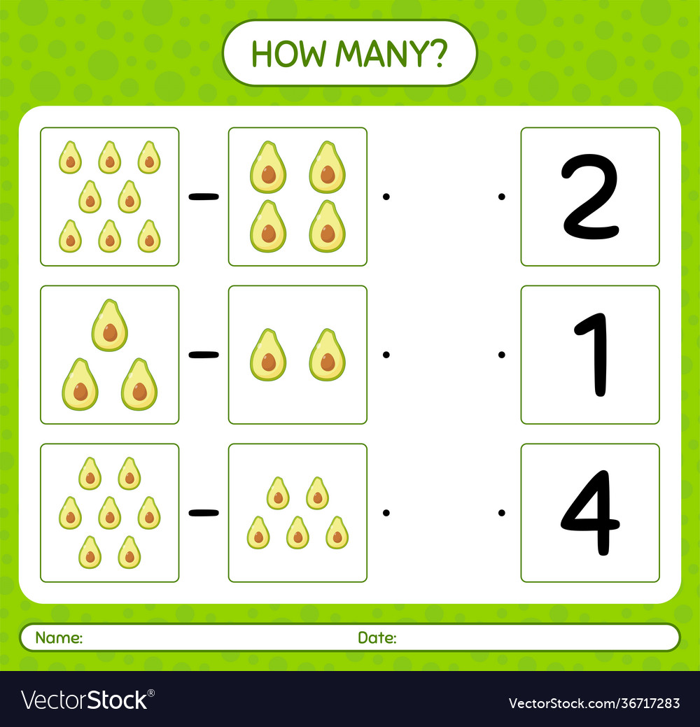 How many counting game with avocado worksheet vector image How many counting game with avocado worksheet