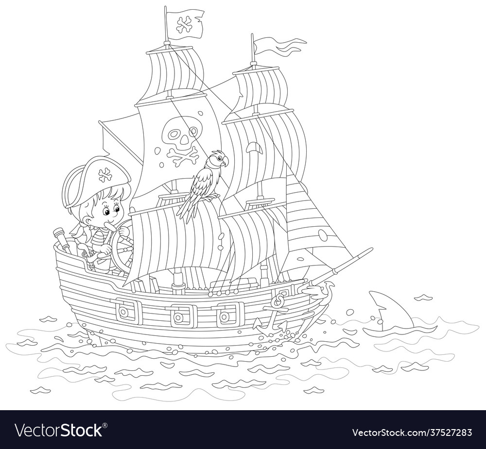 Little boy pirate on a toy sailing ship