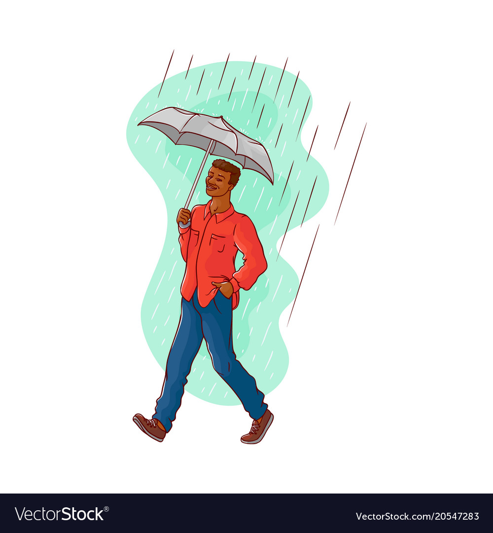 Sketch african man walking rain umbrella