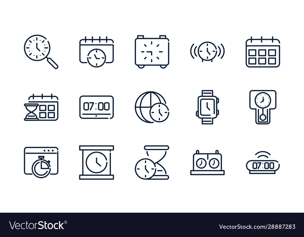 Time clock timer hour date linear design set icons