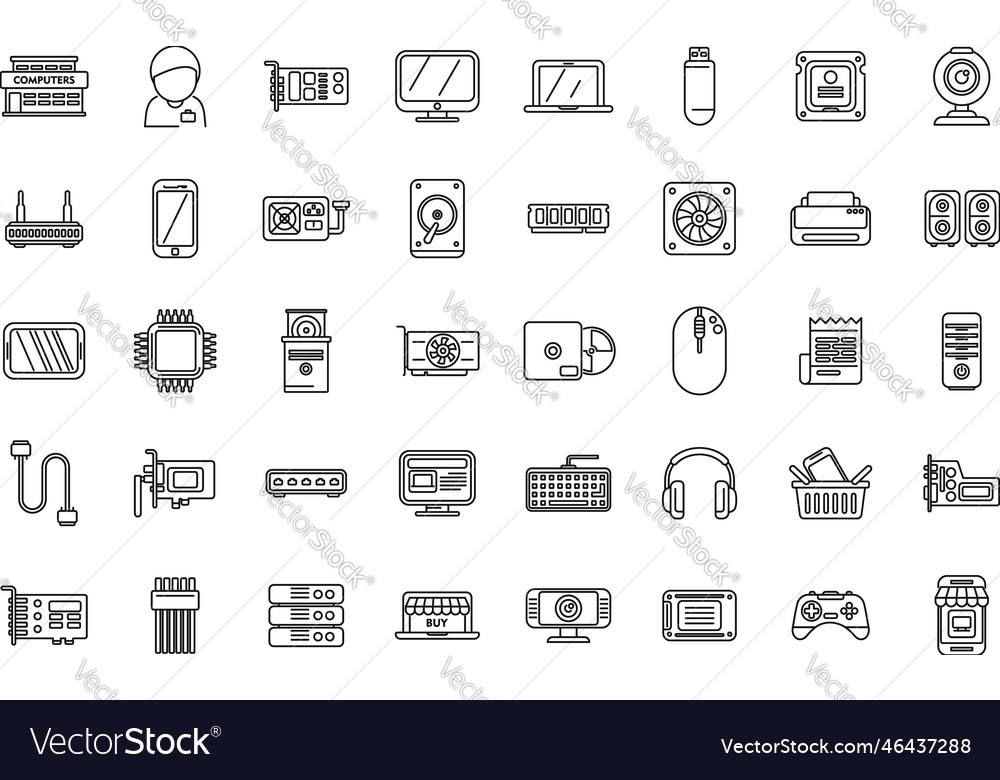 Computer Store Icons Set Outline Online Royalty Free Vector