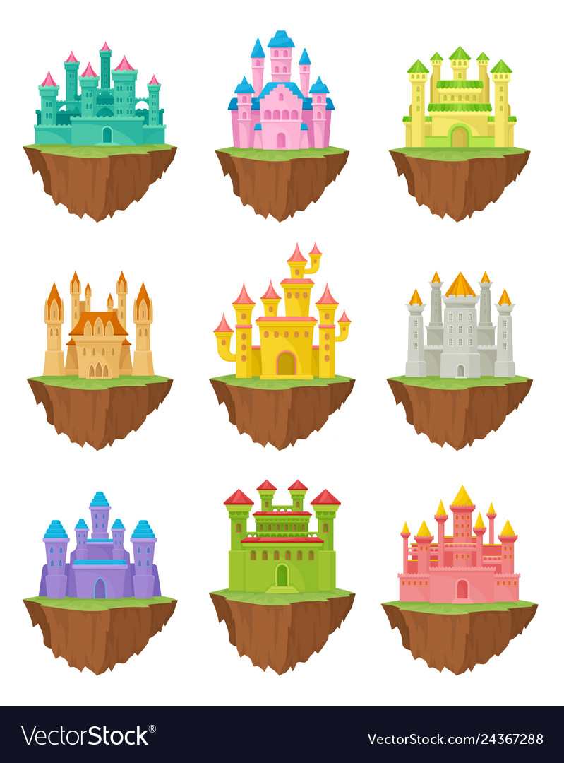 Fairytale stone island castles on white background