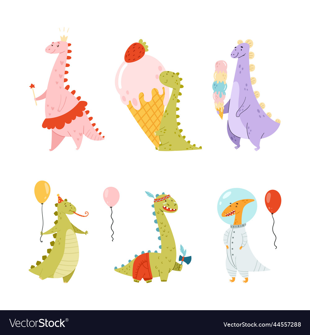 Funny dinosaurs eating ice cream and walking Vector Image