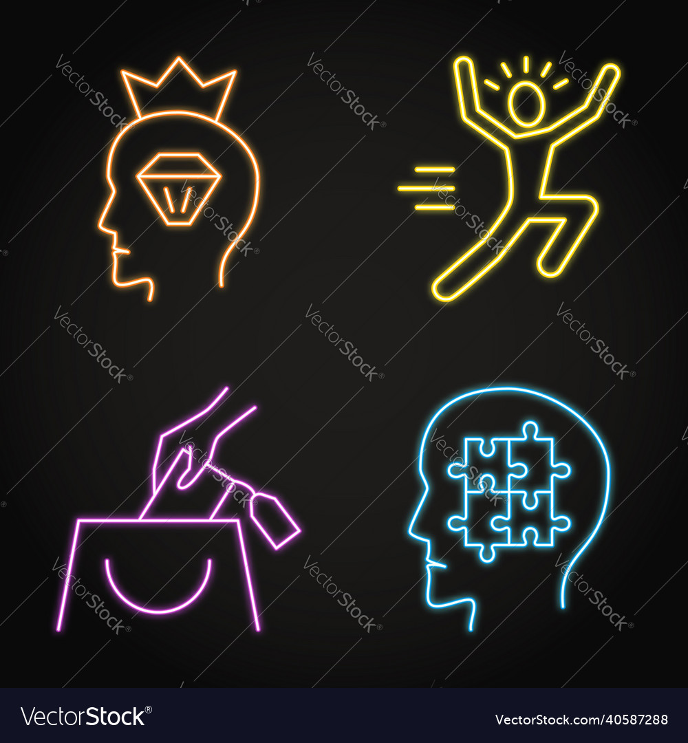 Neon mental disorders icon set in line style