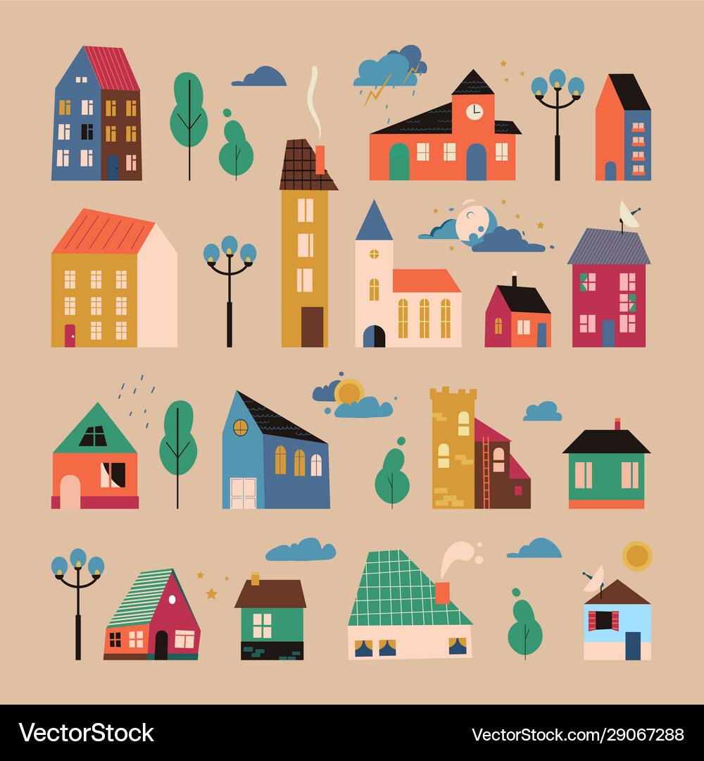 Small tiny houses trees and clouds Royalty Free Vector Image