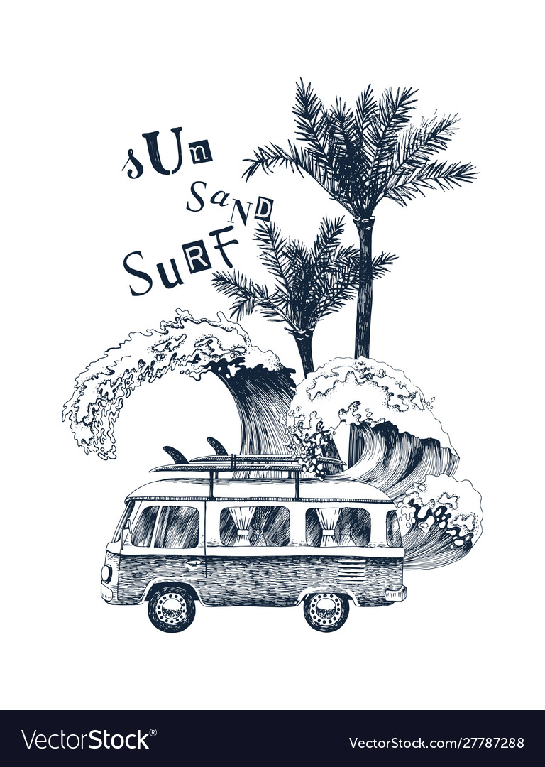 Summer time background with retro bus palms Vector Image