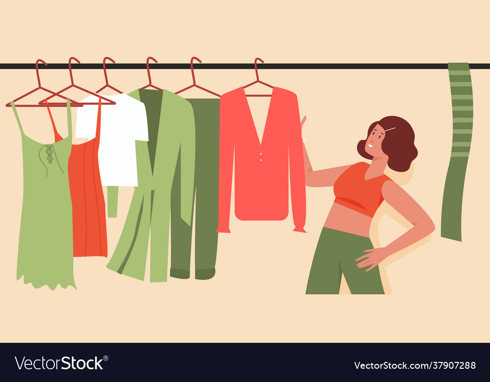 Woman trying to choose outfit clothes on wardrobe