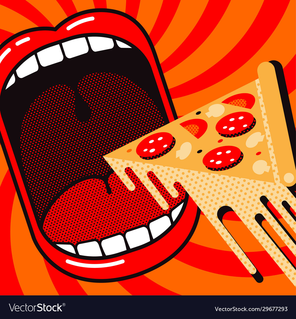 Cartoon large open mouth with piece pizza