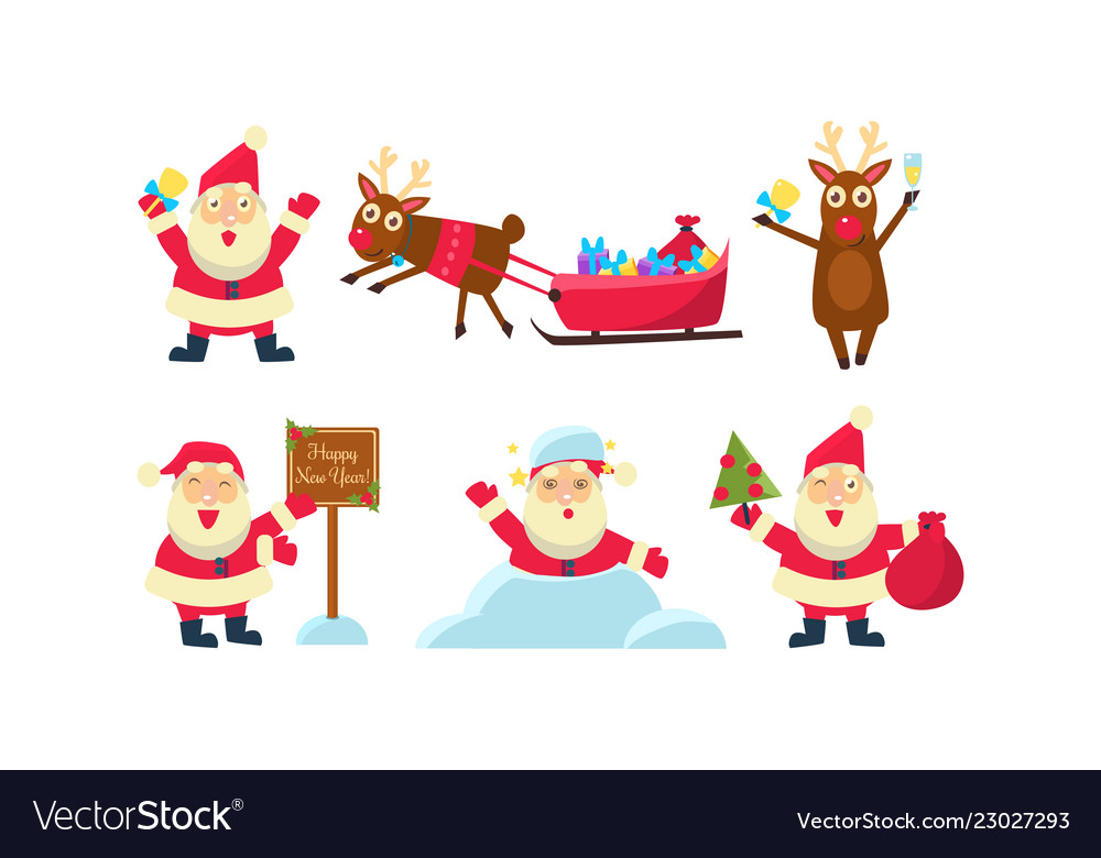 Flat set colorful christmas icons funny Royalty Free Vector