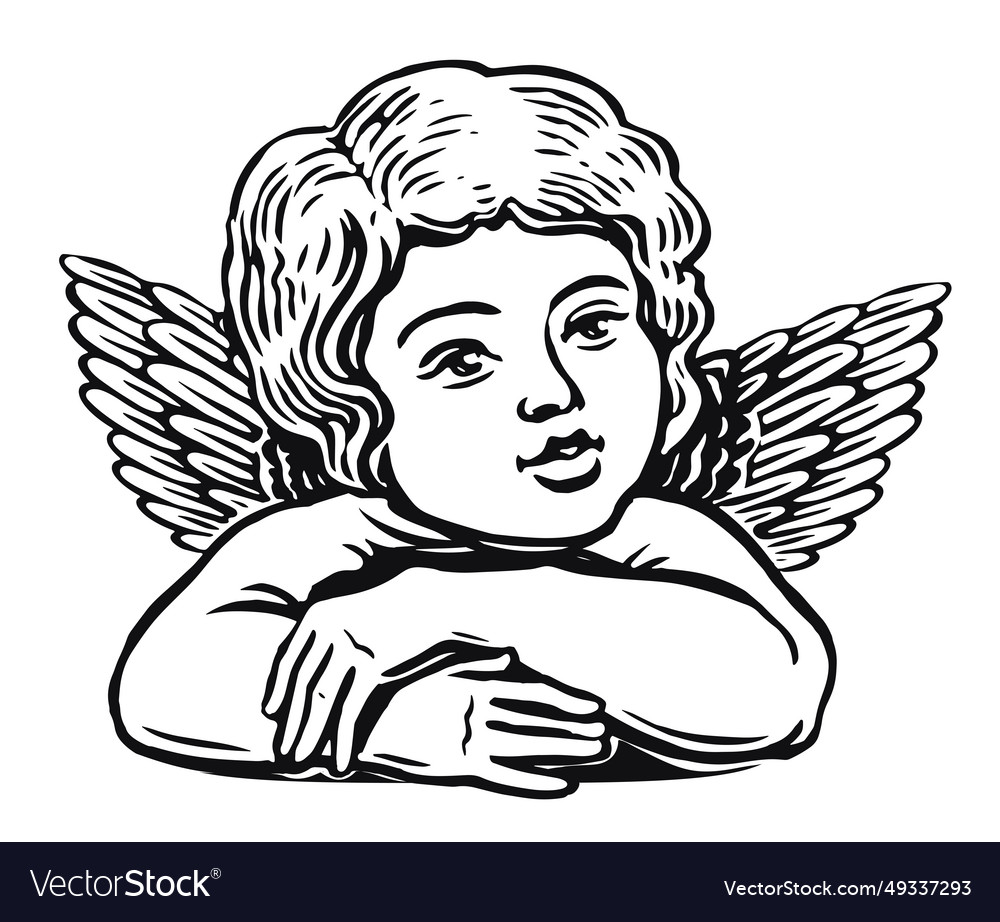 Little angel in vintage style engraving black Vector Image