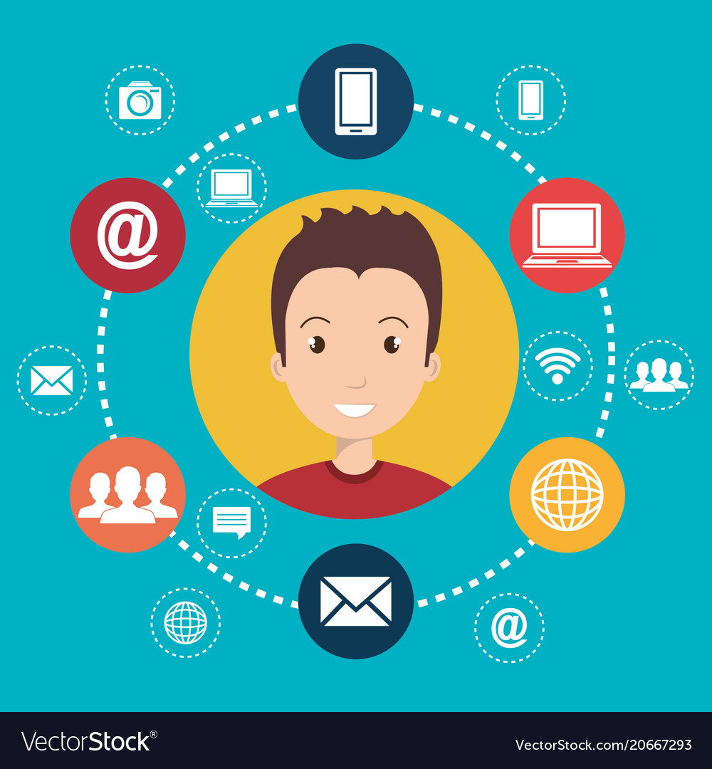 Man with social network icons vector image Man with social network icons