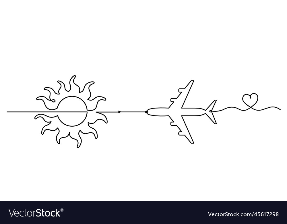 Abstract sun with plane as line drawing on white